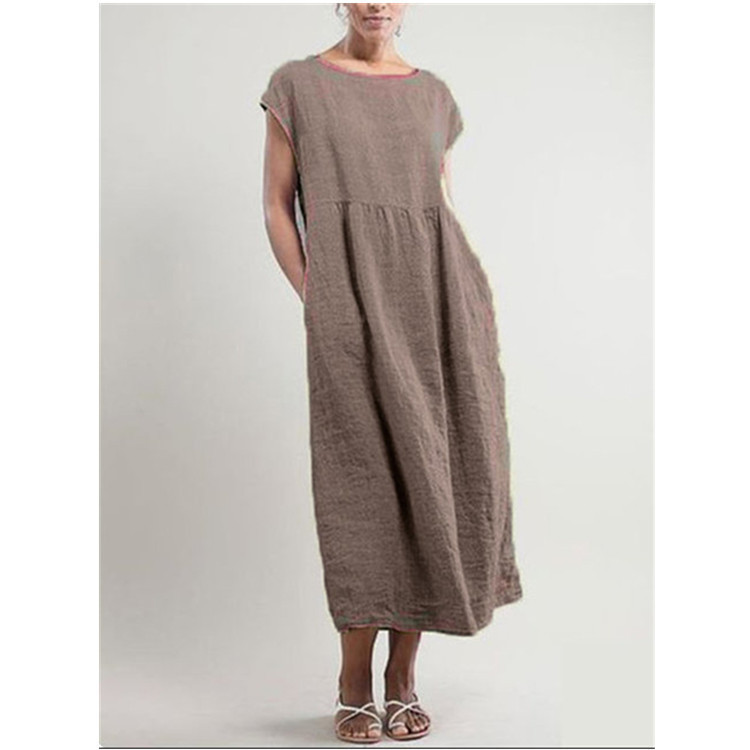 Pure Solid Color Loose Linen Dress for Women with Pockets - Casual Midi  Style, Breathable & Eco-Friendly, Ideal for Summer Wear