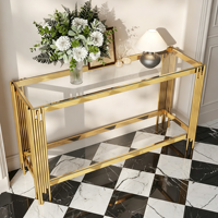 Table de canapé de luxe en métal doré avec double étagère en verre transparent, élégante table console d'appoint pour couloir