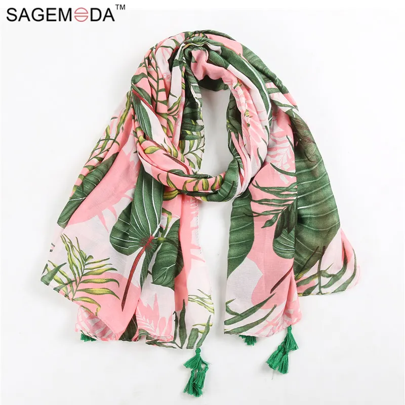 Woman Wholesale 2021 Latest Ladies Soft Green palm Leaves Print Beach Scarf Shawl