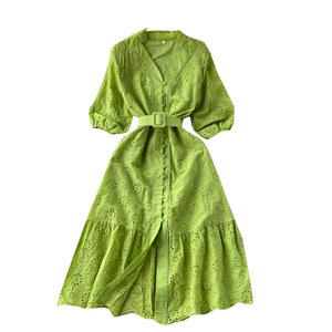 Premium <span class=keywords><strong>con</strong></span> scollo a V manica a bolle da donna nuovo ampio ricamato leggermente maturo in vita dimagrante a balza lungo Casual - Product Image 5