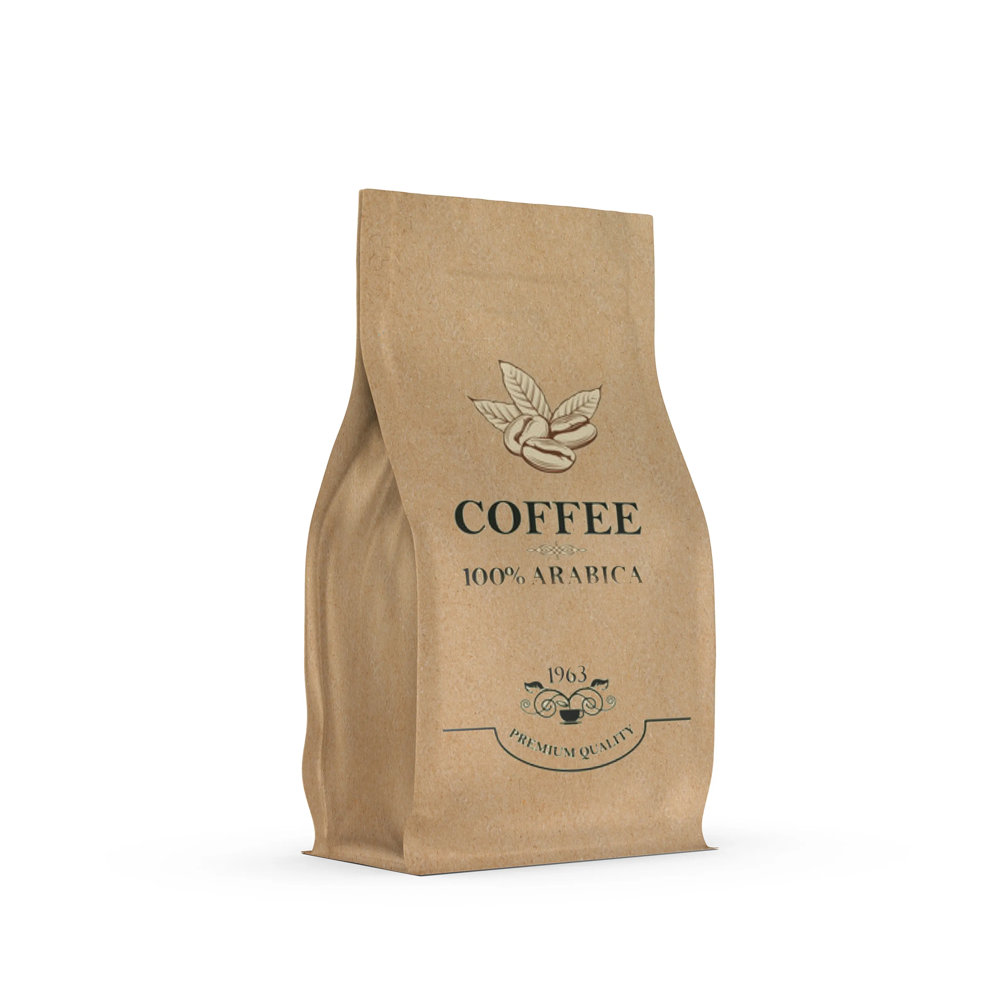 كيس قهوة صديق للبيئة بقاعدة مسطحة من الورق البني مطبوع حسب الطلب 50 جم 1 كجم 2 كجم مقاوم للرائحة كيس من الورق المقوى لحبوب القهوة