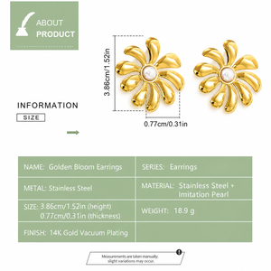 Pendientes de Perlas con Diseño Floral, Acero Inoxidable, Chapado al Vacío en Oro de 14K, Perlas de Imitación - Product Image 4