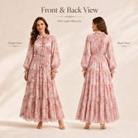 Robe longue florale pour femme, vente en gros, rose, manches longues, col à volants, taille nouée, à volants, pour invitée de mariage