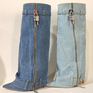 Denim Metallic Lock Shark <b>Boots</b> Cowgirls Zipper Thin Heels Knee High Booties Women Pointed Toe Runway Party Shoes for Lady - Product Image 4