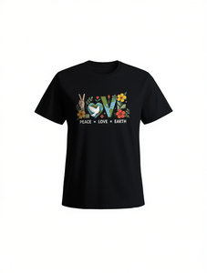 T-Shirt da Donna 'Love Peace Earth', Tinta Unita, Vestibilità Comoda, Manica Corta, Collo Tondo, 100% Cotone, Stampa Floreale, Stile Casual - Product Image 1