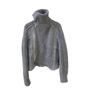 Veste en maille rétro à col montant pour homme, gris, patchwork denim, zippée, style streetwear, vente en gros - Product Image 1