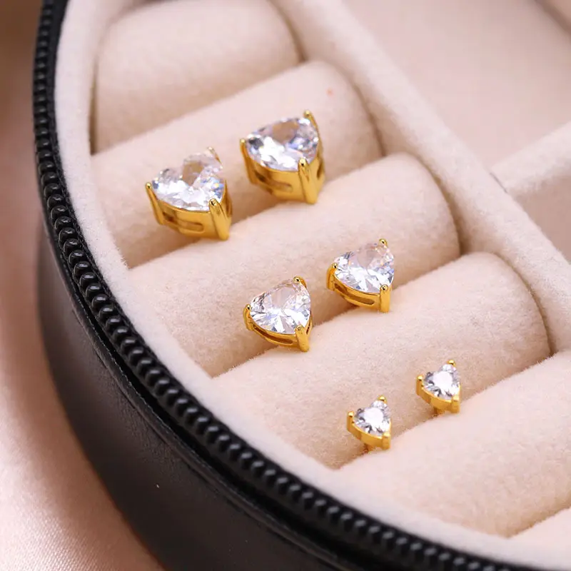 Simple Waterproof Tarnish Free Womens Gold Fashion Jewelry Earrings Studs Stainless Steel Heart Cubic Zirconia for Girls Women
