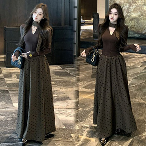 Women's Two Piece Set Dark Brown Long Sleeve Top Polka Dot Skirt Splicing Design Daily Dating Outdoor Wear - Product Image 1