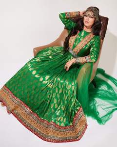 Belle main afghane mariage/fête porter parole longueur Designer Anarkali robe brocart tissu motif Floral Style Vintage - Product Image 1