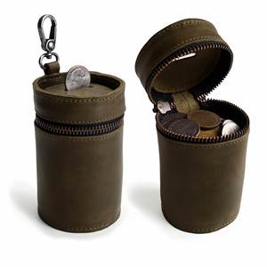 Cross-Border Vintage Leather Cylinder Holder <b>Mini</b> Zippered Coin <b>Pouch</b> Portable With Keychain Loop Unisex - Product Image 6