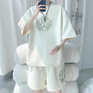 Nouvel ensemble homme style chinois en soie glacée imprimée, spandex/coton, pour l'été : short décontracté et t-shirt à manches courtes - Product Image 1