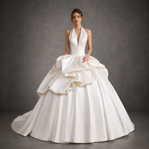 Vestido de Novia de Gala con Cuello Halter, Escote en V Profundo, Escultórico, con Burbujas, de Satén, Tallas Grandes, Estilo Princesa, Venta al por Mayor Personalizada - Product Image 1