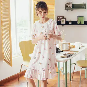 Summer 100% Cotton Girl Summer Nightdress Short Sleeve Large-size Loose Pregnant Women Thin Home Clothes In The Long Home Dress