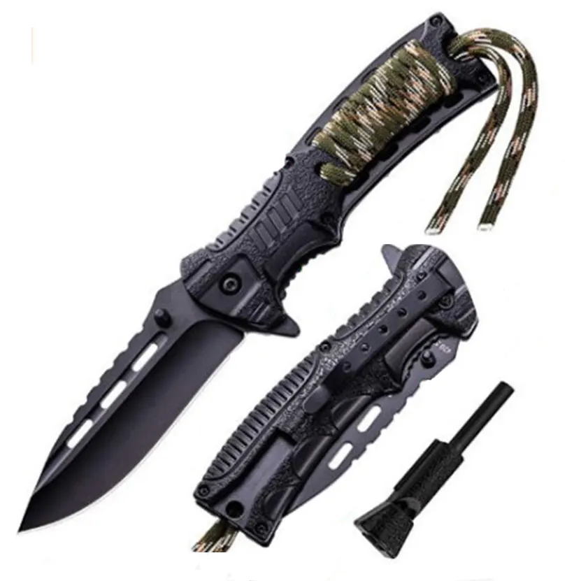 High quality stainless steel blade camping tactical pocket knife with survival rope