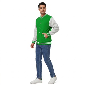 Green Varsity Jacket Light Grey Sleeves Men Unisex Casual <b>Covered</b> <b>Button</b> Waterproof Knitted Stand Front Custom Warm Outerwear - Product Image 1