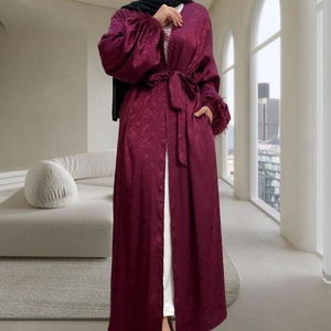 On Sale 9.9 Satin Material Pretty Pattern Loose Sleeves With Feather Cuff Elegant Cardigan Luxury New Muslim <b>Abaya</b> 1950# - Product Image 5