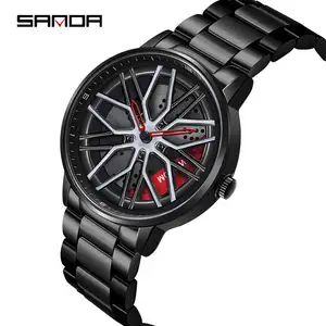 SANDA 1107 car spin popular reloj de cuarzo negro para hombre rueda impermeable de acero inoxidable reloj de pulsera de ocio conciso