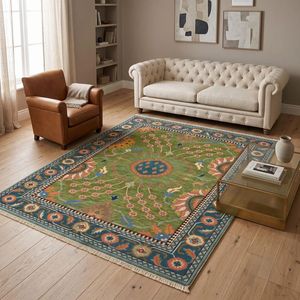 Tapis en laine Oushak traditionnel vert noué à la main à motifs floraux pour salon, intérieurs résidentiels de luxe, hôtels de charme et élégants - Product Image 1