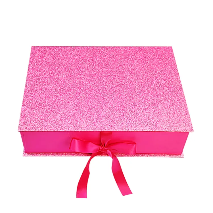 Stock Luxury A4 Size Glitter Paper large Pink Flip Open Foldable Wig Gift Box Hair Extension Packaging Box With Ribbon Closure