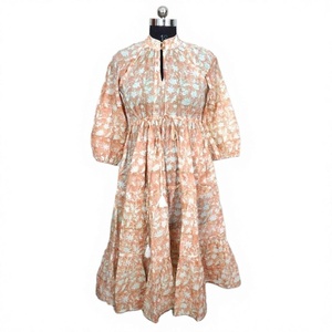 Floral Print Chiffon A-Line Midi Dress With Mandarin Collar <b>Three</b> Quarter Sleeve Boho Style Loose Fit Spring Wear - Product Image 1