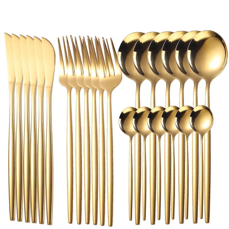 Regalo di nozze di lusso 24 pezzi coltello cucchiaio forchetta set posate placcate oro set di posate in acciaio inossidabile con confezione regalo