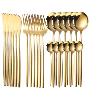 Sang Trọng Quà Tặng Đám Cưới 24 Miếng Dao Muỗng Nĩa Bộ Mạ Vàng Flatware Thép Không Gỉ Bộ Dao Kéo Với Hộp Quà Tặng