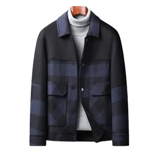 High quality men's fashion casual double sided woolen warm Grey checkered jacket short wool coat