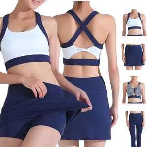 Aoyema yeni tasarım Fitness Yoga giyim özel baskı spor egzersiz sıkıştırma spor sutyen tayt tenis etek <span class=keywords><strong>2</strong></span> parça Yoga seti - Product Image 3