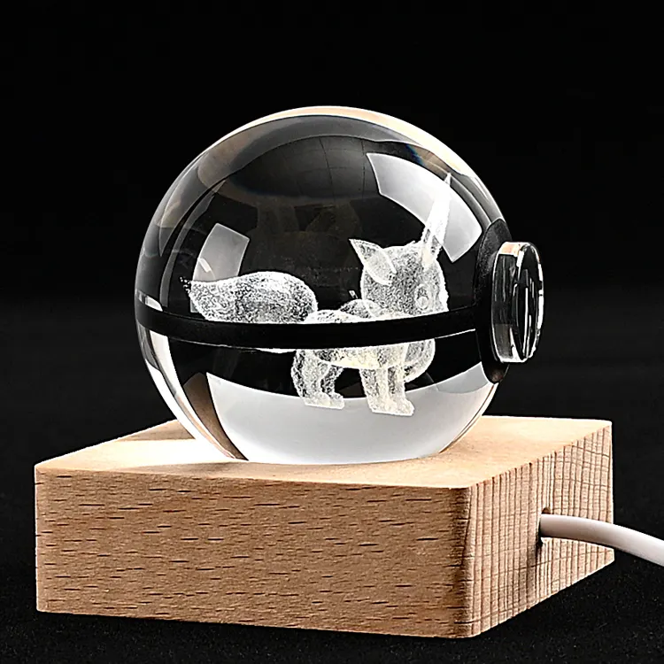 JY新着クリスタルボール3Dレーザー彫刻カスタムガラスボールLED木製ベースデコレーションボール