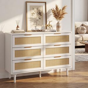 Cómoda SENYU blanca de 6 cajones con paneles de ratán, estilo moderno de mediados de siglo, para dormitorio - Product Image 5