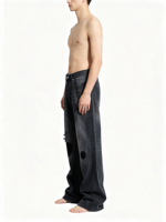 Jean en denim pour homme, coupe droite, délavé vintage, avec déchirures et patchs, vente en gros pour vêtements streetwear personnalisés
