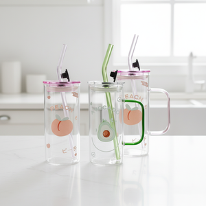 Mug en verre à motif <span class=keywords><strong>de</strong></span> fruits 450 ml avec poignée et paille en verre, tasse à boire en borosilicate pour jus - Product Image 5
