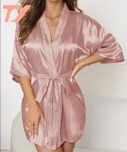 Pink silk mid-sleeve ladies nightgown summer short cardigan lace ladies satin sexy nightgown for women