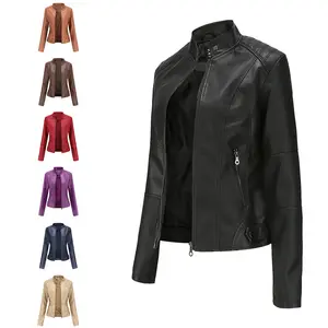 New Spring Women Faux Leather Biker Red White Coat Turndown Collar Pu Motorcycle Streetwear Outerwear Synthetic leather Jacket