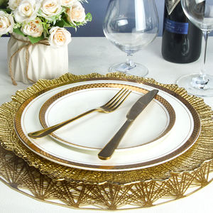 Assiette <span class=keywords><strong>de</strong></span> présentation ronde en céramique décorative pour <span class=keywords><strong>table</strong></span> <span class=keywords><strong>de</strong></span> réception <span class=keywords><strong>de</strong></span> mariage royal, bord doré <span class=keywords><strong>de</strong></span> luxe, vaisselle en <span class=keywords><strong>porcelaine</strong></span> <span class=keywords><strong>blanche</strong></span> - Product Image 3