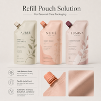 Emballages de recharge pour soins personnels imprimés en flexographie, recyclables, mats, personnalisés, sachets en plastique avec bec verseur pour shampoing, gel douche, après-shampoing