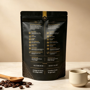 Bolsa de aluminio con cierre vertical, impresa a medida, negra, con estampado en caliente dorado, 250g, para envasar granos de café y café en polvo. - Product Image 3