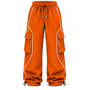 Orange 100% Polyester Cargo <b>Trousers</b> Drawstring Mid Waist Baggy Letter Pattern Casual <b>Sports</b> <b>Trousers</b> Custom Logo - Product Image 1