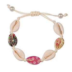 Braccialetto da donna stampato colorato braccialetti con cavigliera a treccia di conchiglia braccialetti con corda regolabile gioielli estivi per bambini da ragazza bohémien