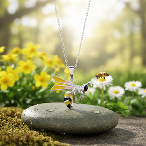 14K <b>Solid</b> <b>Gold</b> Enamel Bee <b>Pendant</b> Necklace Fine Jewellery for Women Made in Turkey - Product Image 3