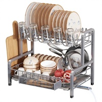 Égouttoir à vaisselle à 2 niveaux en acier inoxydable avec drainage automatique, panier à couverts amovible, type sur pied non pliable