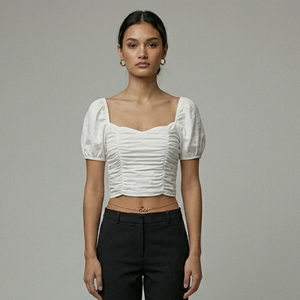 Vietnam Manufacturer Women's White Ruched Crop Blouse Square Neck <b>Balloon</b> Sleeve Short Sleeve Solid Cotton - Product Image 2