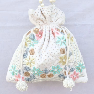 Atiya Libas BEAUTIFUL <b>WHITE</b> Wrist POTLI <b>Bags</b> Silk Bucket Shape Colorful Embroidery Party-Wear/Wedding 2024 - Product Image 6