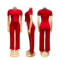 Ensemble 2 pièces sexy pour femme, haut à manches courtes et pantalon long, survêtement côtelé à rayures contrastées, grandes tailles – Grande Vente