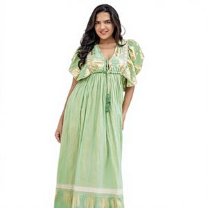 Vestido Midi Bohemio Verde Dorado con Estampado Digital, de Algodón, Corte en A, Estilo Indio, para Verano, Elegante, para Vacaciones en Resort - Product Image 1