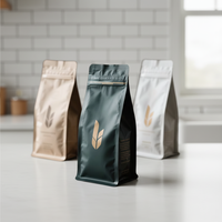 Sacs d'emballage pour grains de café YSH de haute qualité, à fond plat, en plastique souple, avec film de laminage brillant, pochette à fermeture éclair à fond carré brillant