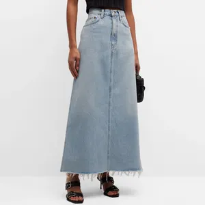 Custom 2023 Autumn High Quality 100% Organic Cotton High Rise Raw Hem Light Wash Denim Maxi Skirt For Women