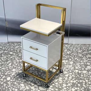 Chariot de beauté professionnel mobile en MDF blanc et métal doré, mobilier de salon, chariot à roulettes - Product Image 1
