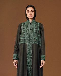Abaya maxi musulmane élégante pour le Ramadan et l'Aïd, verte, brodée, à col haut ouvert, vert foncé - Product Image 3