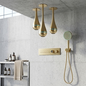 Sistema <span class=keywords><strong>Doccia</strong></span> a Pioggia Homedec con Soffione Quadrato, Miscelatore a Doppia Funzione con Doccetta, Finitura Ottone Spazzolato, Montaggio a Parete a 5 Maniglie - Product Image 2